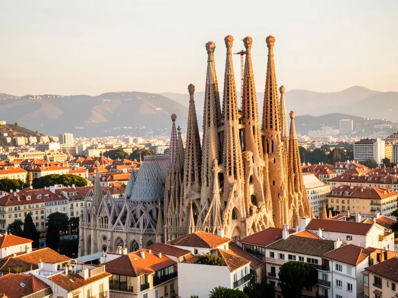 Torres de la Sagrada Familia iluminadas por el sol sobre los tejados de Barcelona.