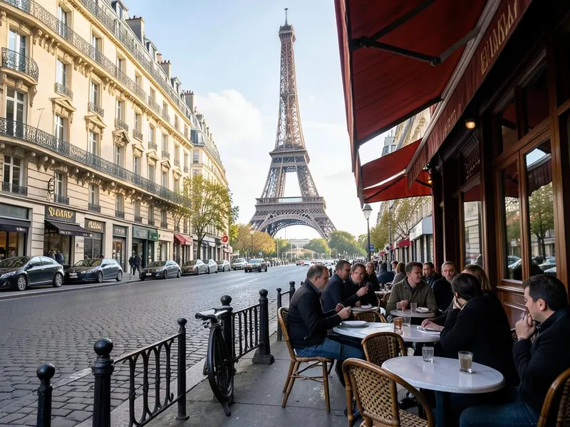 Vista de la Torre Eiffel desde una calle parisina con personas sentadas en la terraza de un café.